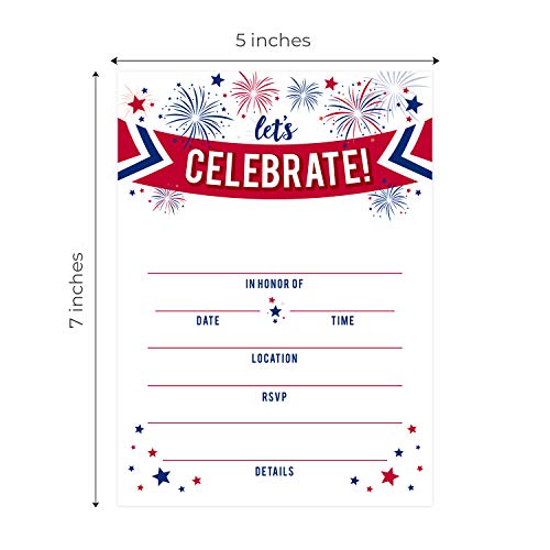 Canopy Street Patriotic Party Invitations / 25 American Event Invites / 5" x 7" Flat Invite Cards With White Envelopes/Red White And Blue Invites/Made In The USA - style: Fireworks