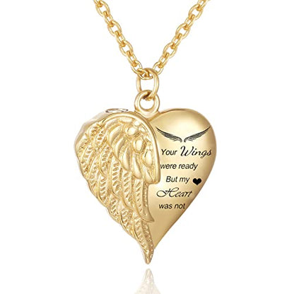 Heart Cremation Urn Necklace Human Ashes Jewelry for Women Men Engraved Your Wings were Ready but My Heart was Not Angel Wings Memorial Pendant Necklace Gift for Family Members - color: Gold