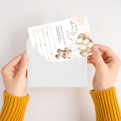 We Can Bearly Wait Baby Shower Invitations for Boys Girls, Bear Balloon Invite Cards for Baby Announcement, 25 Set of Fill-in Invites with Envelopes, Gender Reveal Party Supplies -B08 - color: Bearly-02