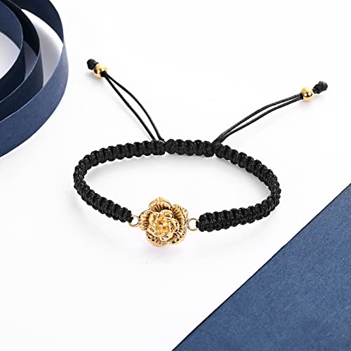 Rose Flower Ashes Bracelet Adjustable Braided Rope Cremation Jewelry | mini urn, stainless steel material, for women, waterproof sealed ring & lobster clasp keep ashes secure, with a filling tool - color: Golden