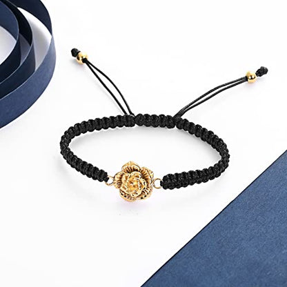 Rose Flower Ashes Bracelet Adjustable Braided Rope Cremation Jewelry | mini urn, stainless steel material, for women, waterproof sealed ring & lobster clasp keep ashes secure, with a filling tool - color: Golden