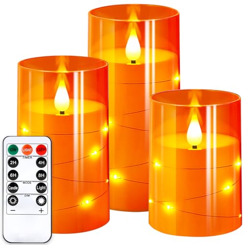 NURADA Flameless Candles with Remote Timers: Built-in Star String Lights 3D Wick Battery Operated Flickering LED Electric Candles for Halloween Thanksgiving Dinner Tables Fall Home Decor Orange 3 Pack - color: Orange, size: 4-5-6 inches