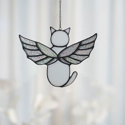 Angel Rainbow Wing Memorial Gifts - Stained Glass Cat Suncatcher, Loss of Cat Sympathy Gift (White) - color: White