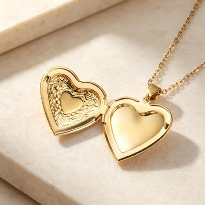 Heart Locket Necklace Pendant Dainty Memorial Keepsake Locket Necklace That Holds Pictures Stainless Steel Heart Photo Box Necklace for Women Lover Mother Father Daughter Son Fashion Jewelry Gifts - color: 01Gold