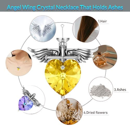 SOULMEET Memorial Wings Necklace for Ashes with Large Heart Crystal Birthstone, Angel Wings Urn Necklaces with Heart Shaped Birthstone Keepsake Silver Cremation Jewelry - style: K-November