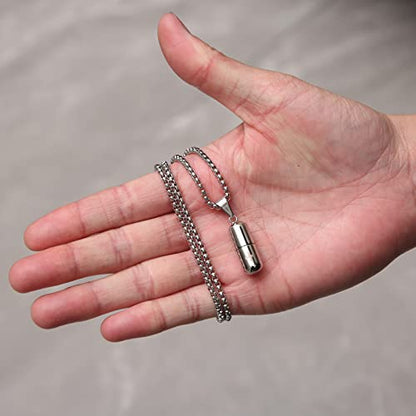 STWTR Stainless Steel Cylindrical Souvenir Capsule Pill Pendant Necklace, Cremated Ashes Pill Container Necklace - color: Silver