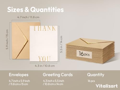Vitalizart Foil-Stamped Thank You Cards with Envelopes 16 Pack 4.3" x 5.5" | 250 gsm Thick Textured Cardstock, Elegant Foil Design, Blank Inside for Business Wedding Bridal Shower Baby Shower Graduation - color: White Foil-Stamped, size: 16 pcs