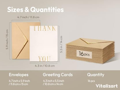 Vitalizart Foil-Stamped Thank You Cards with Envelopes 16 Pack 4.3" x 5.5" | 250 gsm Thick Textured Cardstock, Elegant Foil Design, Blank Inside for Business Wedding Bridal Shower Baby Shower Graduation - color: White Foil-Stamped, size: 16 pcs