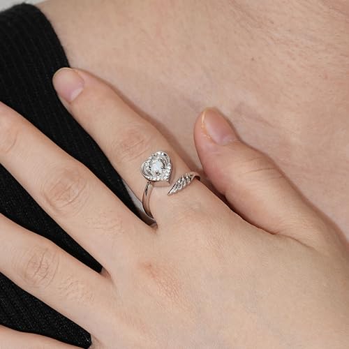 Sterling Silver Urn Rings for Ashes for Women: Angel Wing Opal Cremation Jewelry Rings for Ashes of Loved Ones - Cat Dog Memorial Keepsake Open Adjustable Ring Jewelry for Women - style: heart urn ring