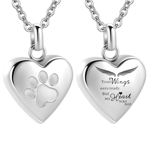 Pet Heart Cremation Jewelry For Ashes For Dog/Cat Paw Stainless Steel Memorial Locket Urn Necklace Paw Print Pet Heart Urn Necklace Memorial Keepsake Jewelry Ashes - color: Silver-your Wings