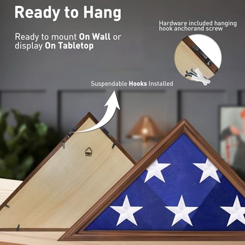 ASmileIndeep Flag Display Case - 5' x 9.5' Funeral & Military Flag Shadow Box with HD Tempered Glass and Wall Mount, Folded Triangle Flag Holder Frame for Veterans, Walnut - size: For 5' x 9.5' Flag-Walnut