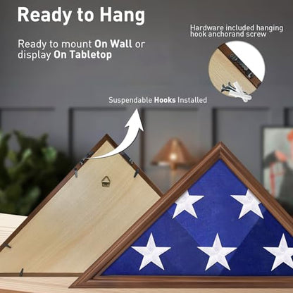 ASmileIndeep Flag Display Case - 5' x 9.5' Funeral & Military Flag Shadow Box with HD Tempered Glass and Wall Mount, Folded Triangle Flag Holder Frame for Veterans, Walnut - size: For 5' x 9.5' Flag-Walnut
