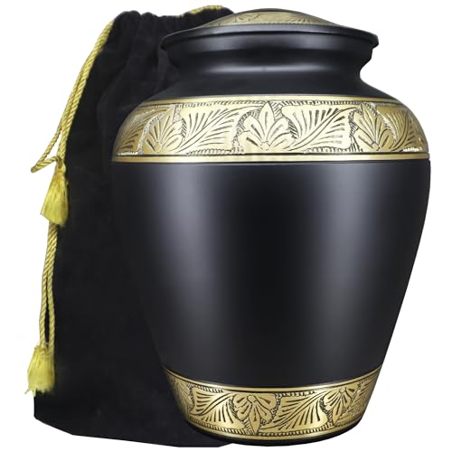 M MEILINXU Black and Gold Urns for Human Ashes, Large Cremation Urn for Man | Engraved Funeral Urn for Women, Burial Urn for Cremated Remains, Cemetery Interment, Family Remembrance or Memorial Services - color: Black