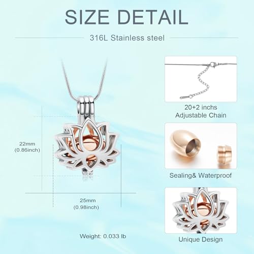 Cremation Jewelry Lotus Flower Urn Necklaces for Ashes Stainless Stell Memorial Ash Pendant Necklaces with Mini Urn Keepsake Ash Jewelry for Men Women Gifts with Funnel Filler Kit - color: Silver-rose