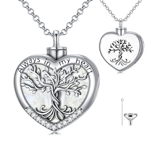 TOUPOP Tree of Life Urn Necklaces for Ashes 925 Sterling Silver Heart Cremation Jewelry Memorial Keepsake Jewelry with Funnel Filler for Women Men - color: A-Heart Tree of Life-Pearl Shell