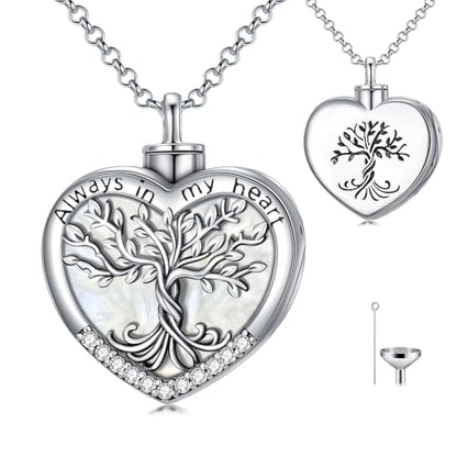 TOUPOP Tree of Life Urn Necklaces for Ashes 925 Sterling Silver Heart Cremation Jewelry Memorial Keepsake Jewelry with Funnel Filler for Women Men - color: A-Heart Tree of Life-Pearl Shell