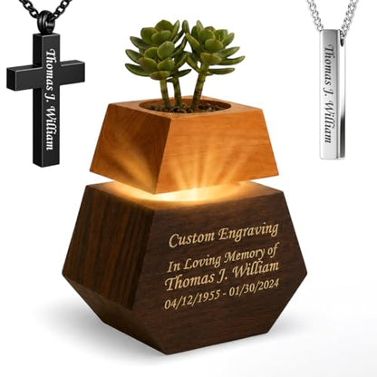 Americurn Custom Engraved Plant Cremation Urns for Human Ashes Adult Male & Female Includes 1 Large Urn with 1 Silver & 1 Black Cross Necklace- Wooden Urns for Human Ashes - color: Single Plant Urn - Custom
