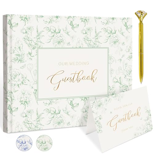 Green Floral Wedding Guest Book with Pen, Hardcover, 144 Pages, 9x7 inches | Gold Foil Title, Space for Polaroid Photos Messages, Sign In Book for Reception, Bridal Shower Guest Book, Engagement Party - color: Green