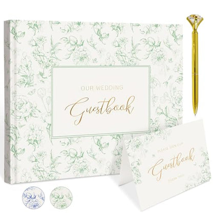 Green Floral Wedding Guest Book with Pen, Hardcover, 144 Pages, 9x7 inches | Gold Foil Title, Space for Polaroid Photos Messages, Sign In Book for Reception, Bridal Shower Guest Book, Engagement Party - color: Green