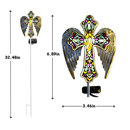 TEDOF Solar Glass Cross Stake Lights with Angel Wings | Grave Decorations for Cemetery Outdoor Cemetery Yard Lawn Pathway Sympathy Remembrance Gift for Mom