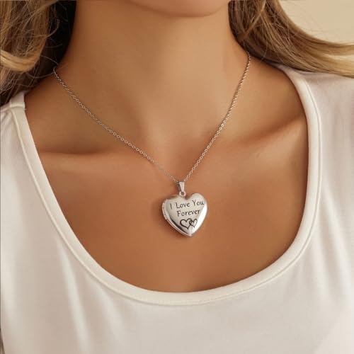 PHOCKSIN Personalized Locket Necklace for Women Photo Necklace with Customized Picture Birth Flower Birthstone Customizable Birthday Gifts - color: #16 Heart Silver Forever