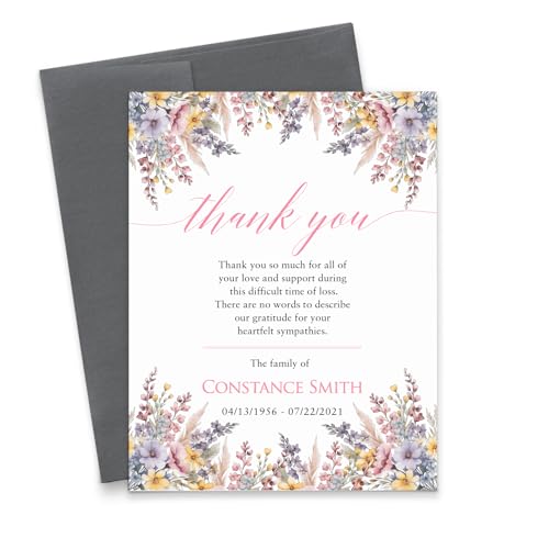 Personalized Funeral Thank You Cards with Envelopes, FLAT Note Cards Floral, Memorial Stationary, Wildflower Notecards, Sympathy Thank You Notes, Stationery, Your Choice of Quantity and Envelope Color