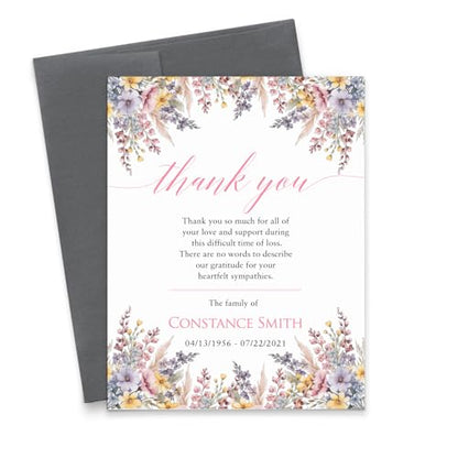 Personalized Funeral Thank You Cards with Envelopes, FLAT Note Cards Floral, Memorial Stationary, Wildflower Notecards, Sympathy Thank You Notes, Stationery, Your Choice of Quantity and Envelope Color