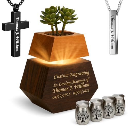 Custom Engraved Plant Cremation Urns for Human Ashes Adult Male & Female Includes 1 Large Urn, 4 Keepsakes, 1 Silver & 1 Black Cross Necklace- Wooden Urns for Human Ashes - color: Custom Plant Urn - Strandard Set