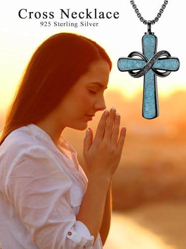 Turquoise Cross Urn Necklaces for Human Ashes 925 Sterling Silver Urn Necklaces Cremation Keepsake Memorial Pendant Necklace for Ashes for Loved One Human Pet - style: Infinity&Black