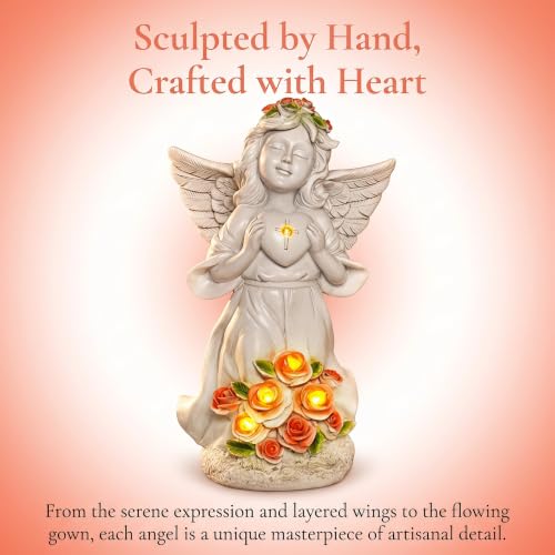 Solar Light Angel Garden Statues Sculptures for Grave Decoration | Weatherproof, Sympathy Cemetey Decoration, Outodor Angel Gifts for Mom Grandma, Handmade of Resin, 8.7" Tall