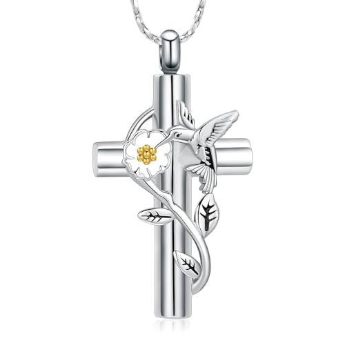 Cross Hummingbird Urn Necklace for Ashes Flower Ashes Pendant Memorial Necklace Cremation Jewelry Ashes Keepsakes Necklace Gift for Loss of Loved Ones Memorial Jewelry - color: Hummingbird-Silver