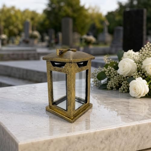 Cross Memorial Lantern - Antique Copper Resin Outdoor Cemetery Lantern with Real Glass, Christian Sympathy Gift for Loss of Loved One