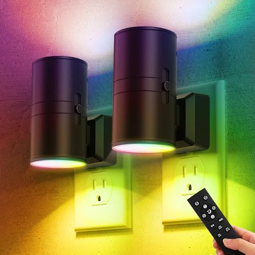 Night Lights Plug into Wall, 2 Pack 11-Color Changing Night Light | 1 Remote Control, 3000K+6000K+RGB LED Nightlight for Kids with Light Sensor, 0-100 LM Adjustable for Bedroom, Stairway - color: Black remote control-RGB, size: 2 Pack
