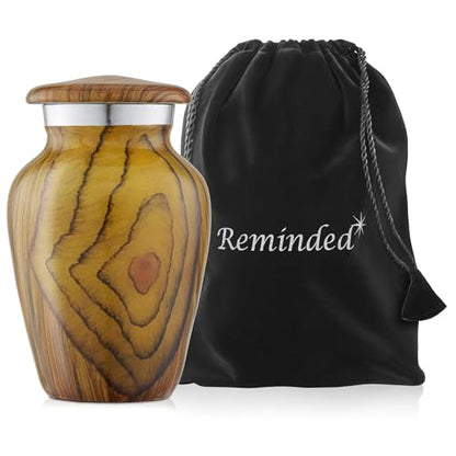 Reminded Small Cremation Keepsake Urns for Human Ashes, Set of 4 Teak Wood Grain Miniature Urns with Velvet Case and Bags