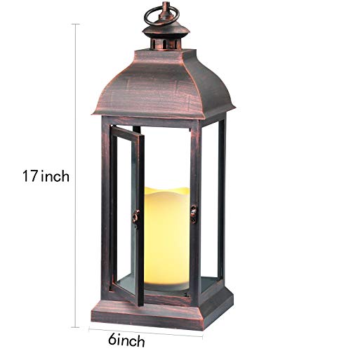 WRalwaysLX 15 inch H The Door-Open Decorative Lantern with flameless LED Candle Light, Outdoor/Indoor LED Lantern, wtith Timer Candle，Plastic with Bronze Undertones.USE 2C Battery(not Include) - size: 1pack 6x15"