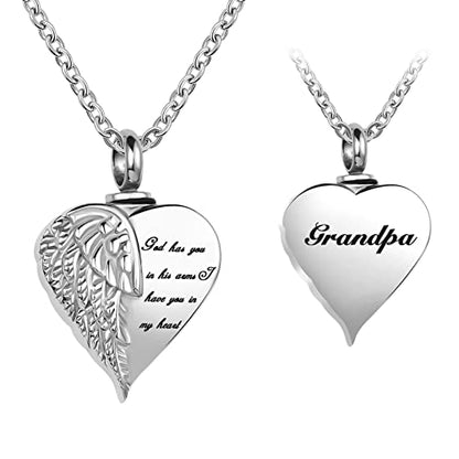 Angel Wing Heart Cremation Urn Necklace for Human Ashes Keepsake Memroial Jewelry God Has You in His Arms I Have you in My Heart - style: Silver-Grandpa