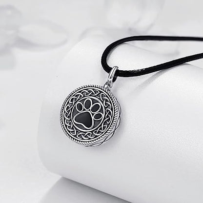 Dreamboat Pet Urn Necklace for Dog Cat Ashes 925 Sterling Silver Paw Print Cremation Keepsake Pendant Celtic Knot Memorial Jewelry Gifts for Women Men - style: 01A-Round (Silver)