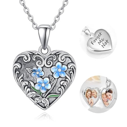 TANGPOET Heart Locket Necklace for Women 925 Sterling Silver Photo Locket Holds Two Pictures Inside Memorial Keepsake Jewelry Gifts for Mothers Day Birthday Christmas - style: A01-Forget Me Not
