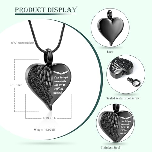 Love Heart Cremation Jewelry Urn Necklaces Wing Urn Necklaces for Ashes Memorial Keepsake Pendant for Women Men Gifts With Funnel Kit & Bag - color: Black