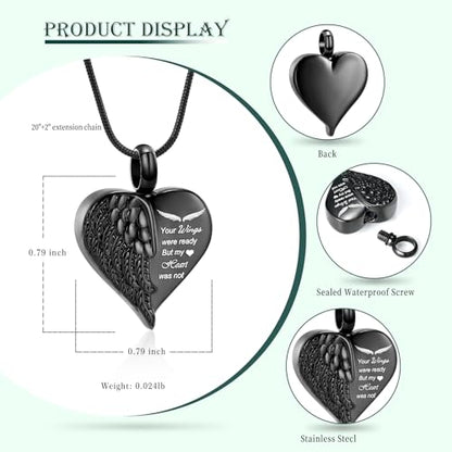 Love Heart Cremation Jewelry Urn Necklaces Wing Urn Necklaces for Ashes Memorial Keepsake Pendant for Women Men Gifts With Funnel Kit & Bag - color: Black