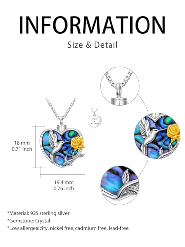 WINNICACA Cremation Jewelry for Ashes Locket Ashes Necklace Urn Necklace for Women Sterling Silver Cremation Necklace for Ashes Fine Keepsake Picture Necklace Memorial Jewelry - style: D01-Hummingbird Urn Necklace(Abalone)