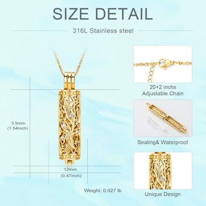 Tree of Life Urn Necklace for Women Men Cylinder Bar Memorial Ash Pendant | Tree of Life Cremation Jewelry,Stainless Steel Keepsakes Necklaces,Vial Ashes Pendant - color: Gold