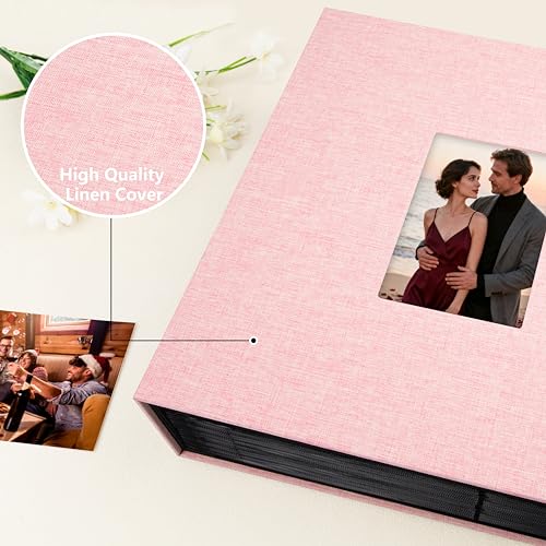 Aevdor Large Capacity 4x6 Photo Album, 1000 Photos, Linen Cover, Pink | Black Inner Pages, 3 Horizontal and 2 Vertical Pockets per Side, Front Photo Window, Family, Wedding & Travel Memories - color: Pink
