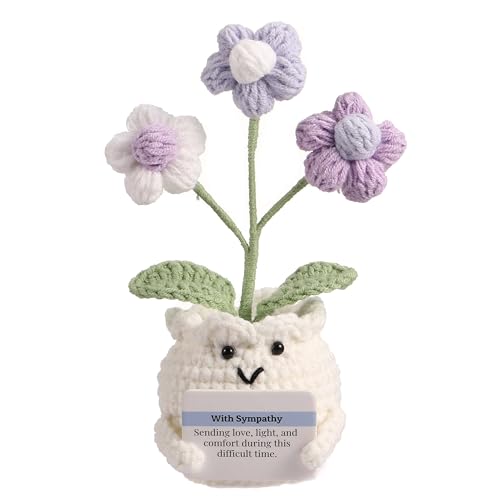 Crochet Sympathy Gifts for Loss of Loved One – Send Sympathy Crochet Puff Flower Potted Plant with Comfort Card – Bereavement, Grief Support Gift Idea for Grandpa Grandma Mom Dad Women Friends - color: E-with Sympathy