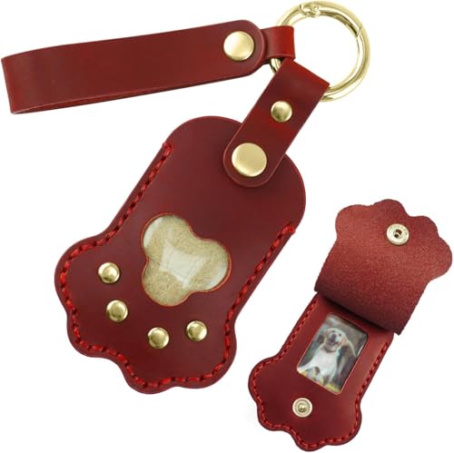 Pet Memorial Keychain,Dog Hair Keychain, Handmade Full Grain Leather Paw Shape Keychain for Dog Cat Hair Keepsake, Holds Fur & Photo, Personalized Memorial Gift for Pet Loss (Upgrade-Burgundy) - color: Upgrade-burgundy Red
