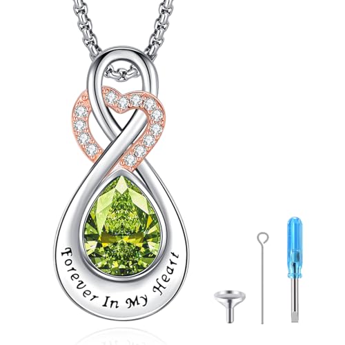 Infinity Urn Necklace for Ashes Sterling Silver Heart Moonstone Turquoise Birthstone Keepsake Memorial Cremation Jewelry for Women - style: Infinity A-08-Aug.-Peridot