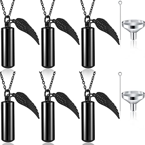 MTLEE 6 Pcs Urn Necklace for Ashes Cremation Jewelry Set | Urn Jewelry Necklace with Wing Steel Cremation Keepsake Memorial Jewelry Angel Cylinder Pendant for Loved One or Pet Ashes - color: Black