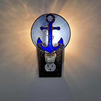 Gift Essentials Blue Anchor Plug-in Night Light - Stained Glass Nightlight | Blue Anchor Stained Glass Plug-in Nightlight with On/Off Rocker Switch. Includes One 4-Watt Replaceable Warm-Glow Bulb. - color: Anchor