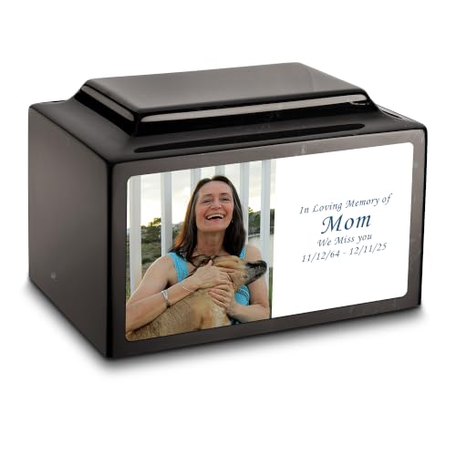 GetUrns Cultured Marble Urn Vault by Mackenzie with Personalized Picture and Text for Human Ashes I Black & White Adult Urns for Male and Female I 210lbs - color: Black & White