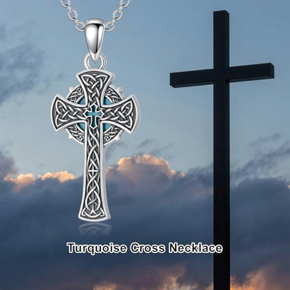PROESS Cross Necklace for Women Men Sterling Silver Rose/Sunflower Cross Pendant Religious Jewelry Christmas Birthday Mothers' Day Gifts - color: 21-Turquoise Cross